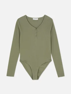 Body Façon T-shirt Boutonné à Manches Longues