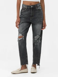 Jean Mom En Denim Déchiré