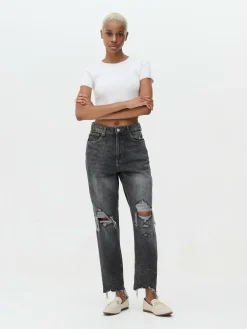 Jean Mom En Denim Déchiré