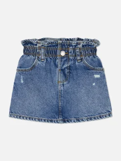 Jupe En Jean à Taille Froncée Effet Vieilli