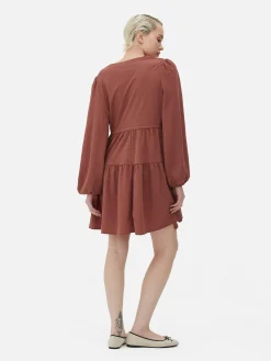 Mini Robe à Smocks Avec Col En V Et Liens à Nouer