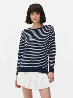 Pull Col Bateau à Rayures En Maille Fine