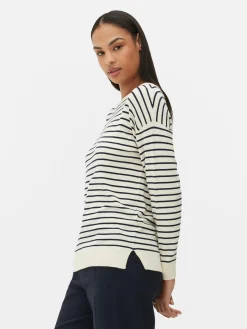 Pull Col Bateau à Rayures En Maille Fine