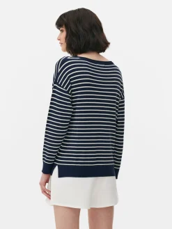 Pull Col Bateau à Rayures En Maille Fine