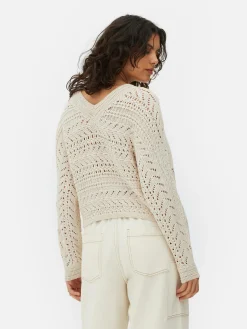 Pull En Maille Pointelle à Col En V