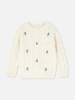 Pull En Maille Torsadée à Fleurs Brodées